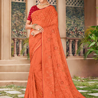 Vibrant Orange Floral Embroidered Chiffon Saree with Intricate Border - Kalakari