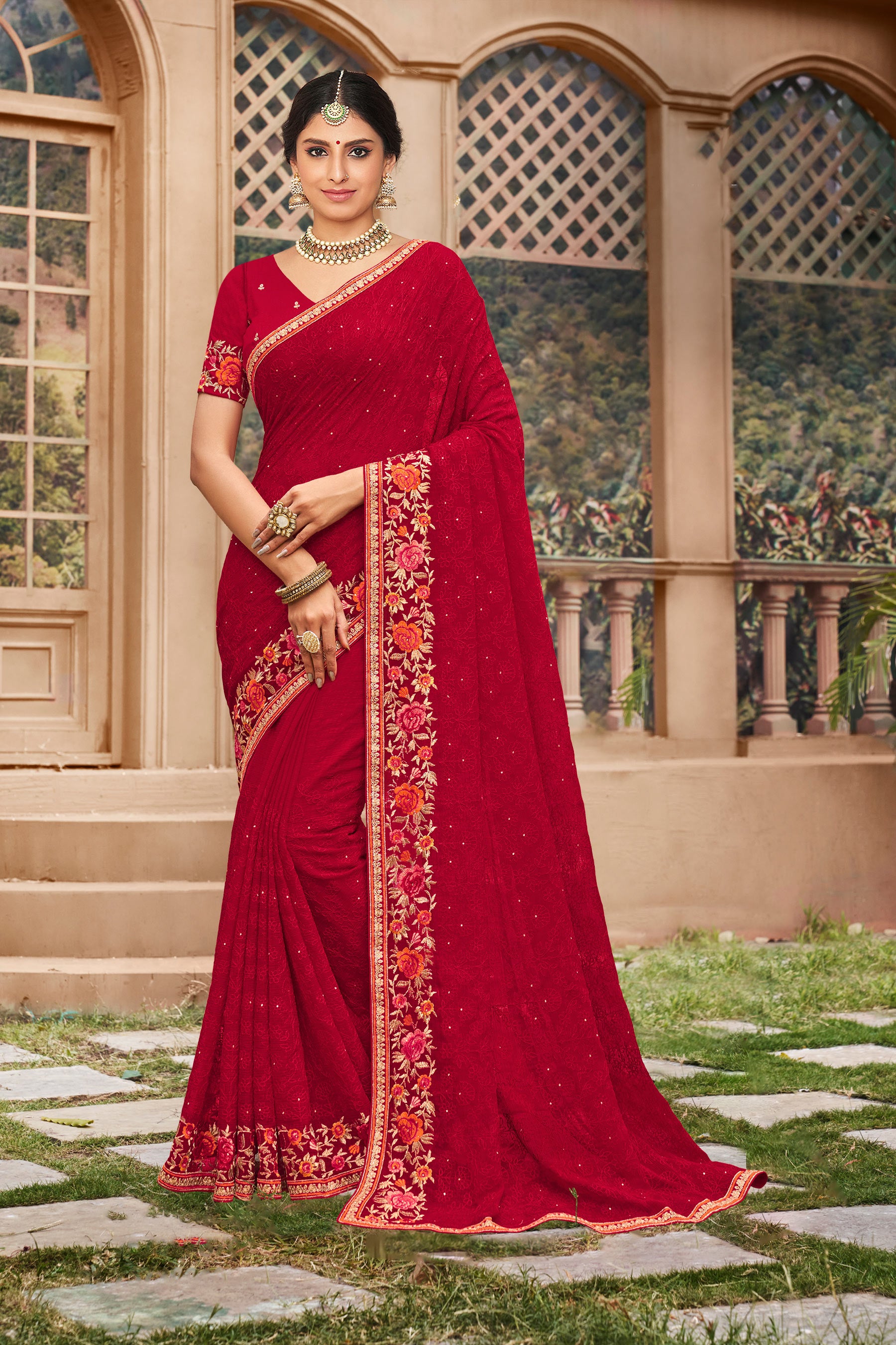 Vibrant Tomato Red Embroidered Floral Chiffon Saree with Beads & Embroidered Border – Perfect for Celebrations, Buy Today for a Stunning Look