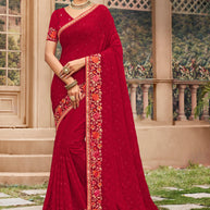 Vibrant Red Floral Embroidered Chiffon Saree with Beaded Border - Kalakari