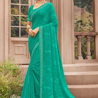 Turkish Green Floral Embroidered Chiffon Saree with Designer Border - Kalakari