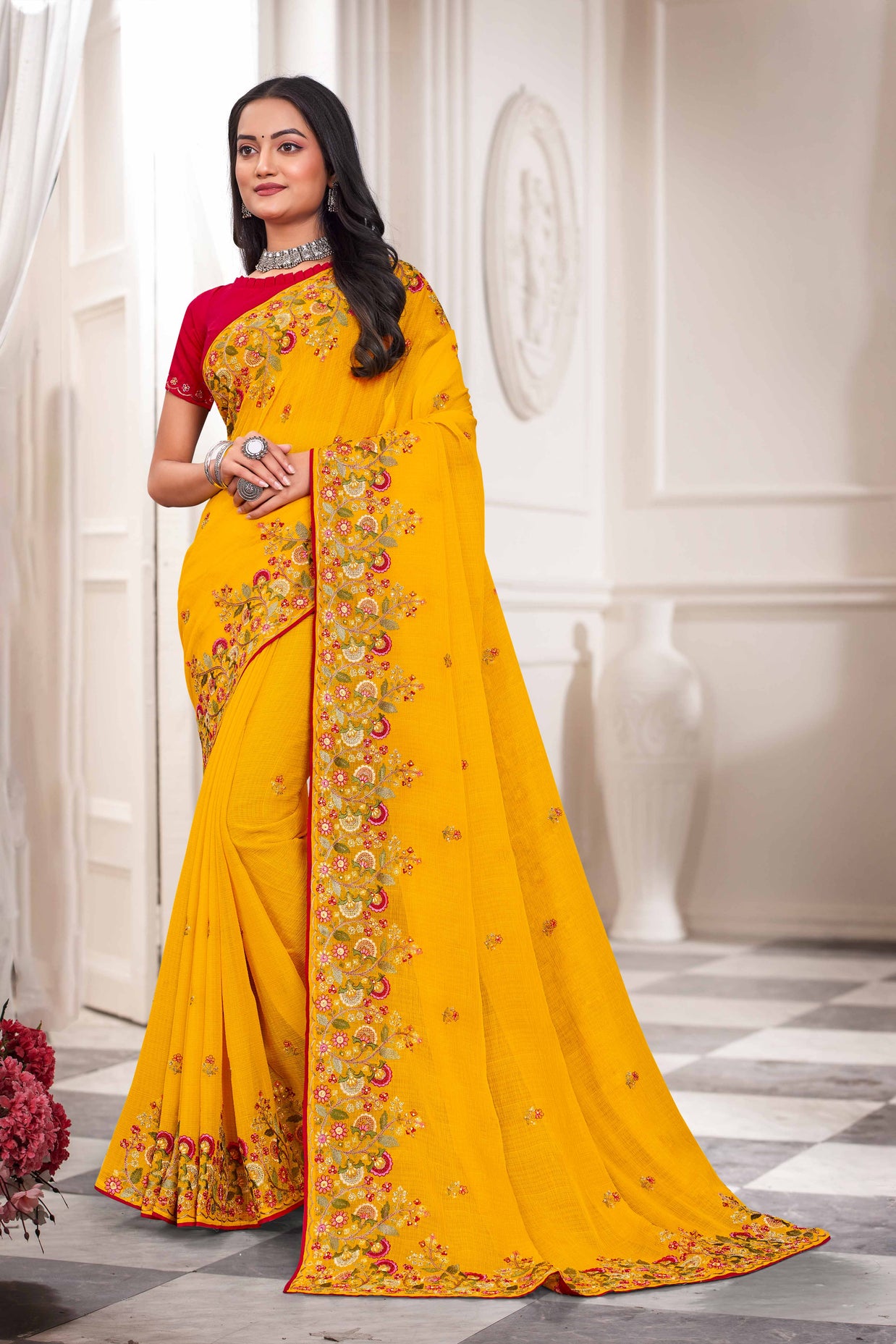 Laxmipati Haldiya Yellow Chiffon Floral Embroidered Saree