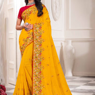 Laxmipati Haldiya Yellow Chiffon Floral Embroidered Saree