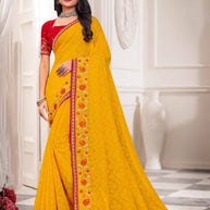 Laxmipati Haldiya Yellow Chiffon Floral Embroidered Saree