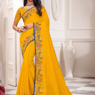 Laxmipati Haldiya Yellow Chiffon Floral Embroidered Saree