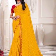 Laxmipati Haldiya Yellow Chiffon Floral Embroidered Saree