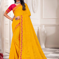 Laxmipati Haldiya Yellow Chiffon Floral Embroidered Saree
