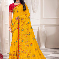 Laxmipati Haldiya Yellow Chiffon Floral Embroidered Saree