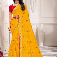 Laxmipati Haldiya Yellow Chiffon Floral Embroidered Saree