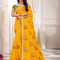 Laxmipati Haldiya Yellow Chiffon Floral Embroidered Saree