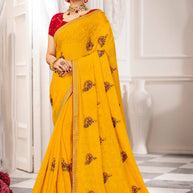 Laxmipati Haldiya Yellow Chiffon Floral & Swan Embroidered Saree