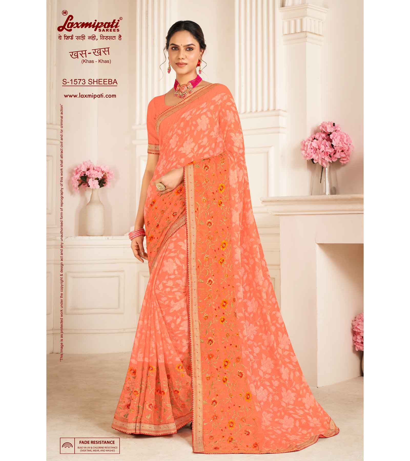 Laxmipati Khas-Khas S-1573 Chiffon Light Orange Saree