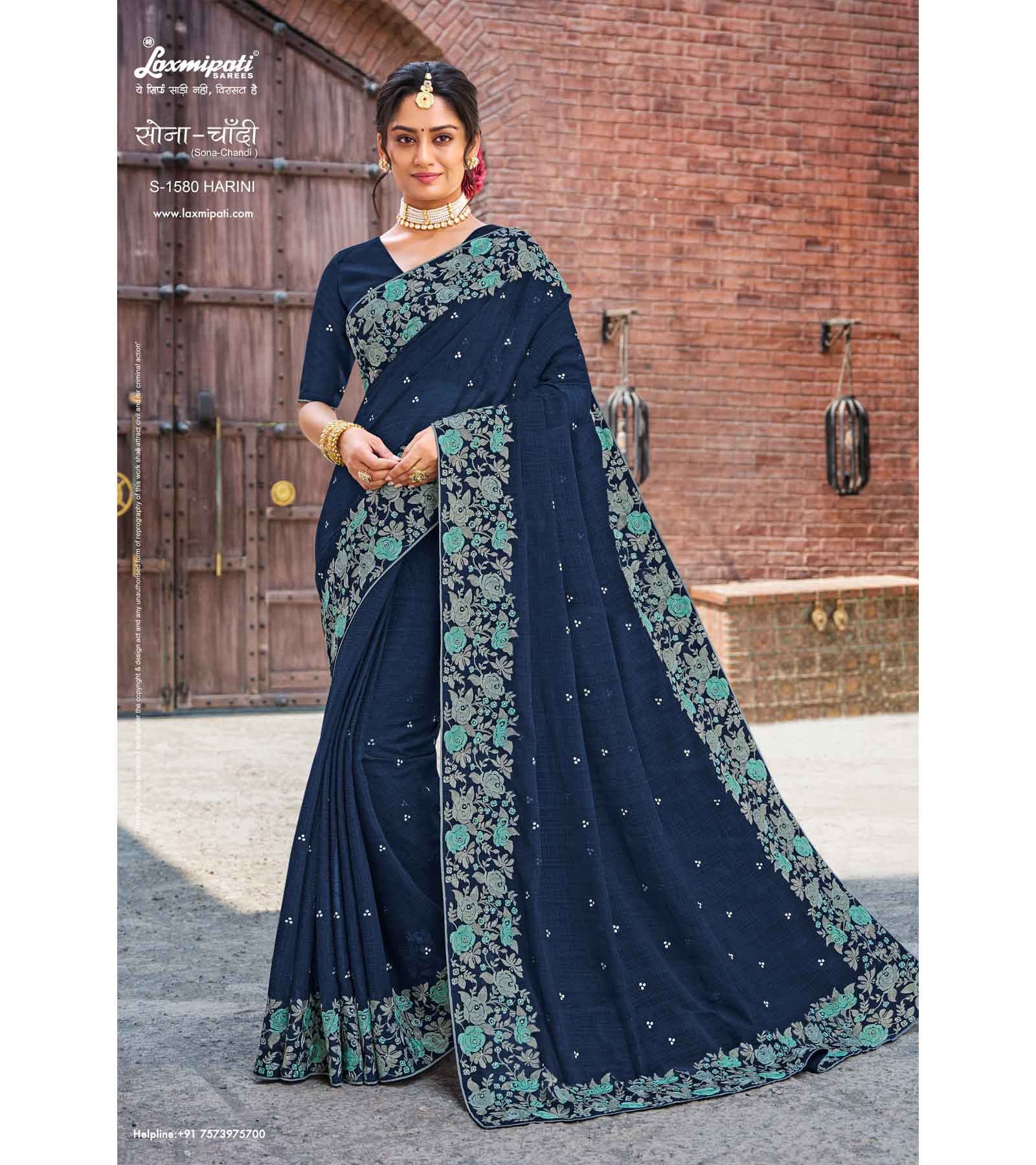 Laxmipati Sona - Chandi S-1580 Chiffon Navy Blue Saree