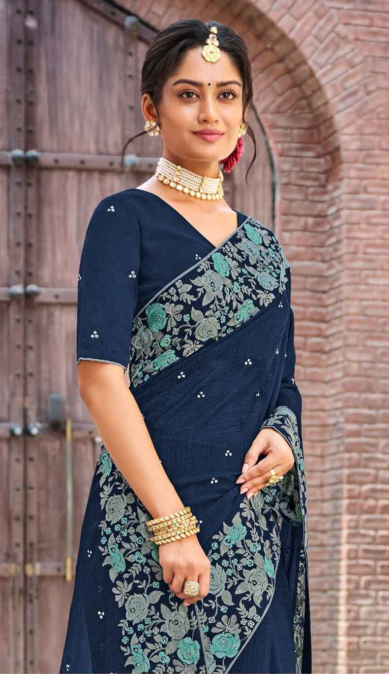 Laxmipati Sona - Chandi S-1580 Chiffon Navy Blue Saree