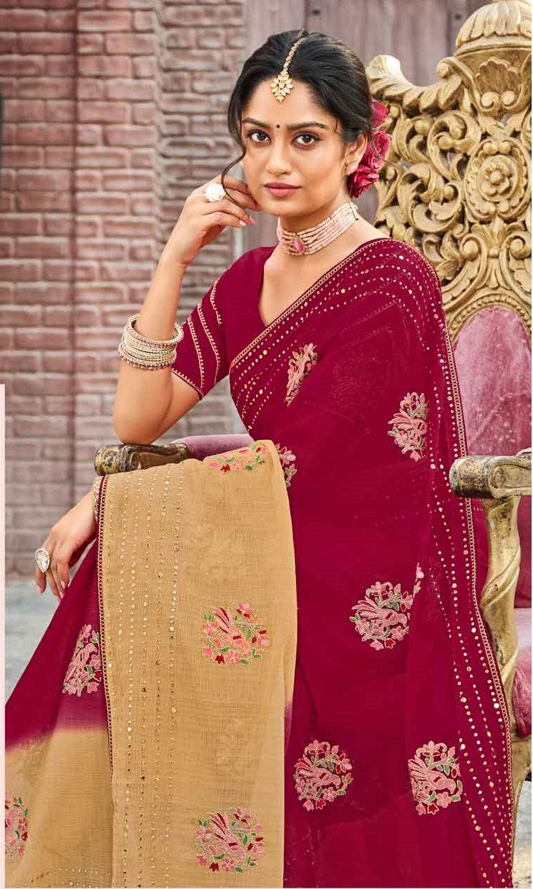 Laxmipati Sona- Chandi S-1582 Chiffon Maroon & Chikoo Saree