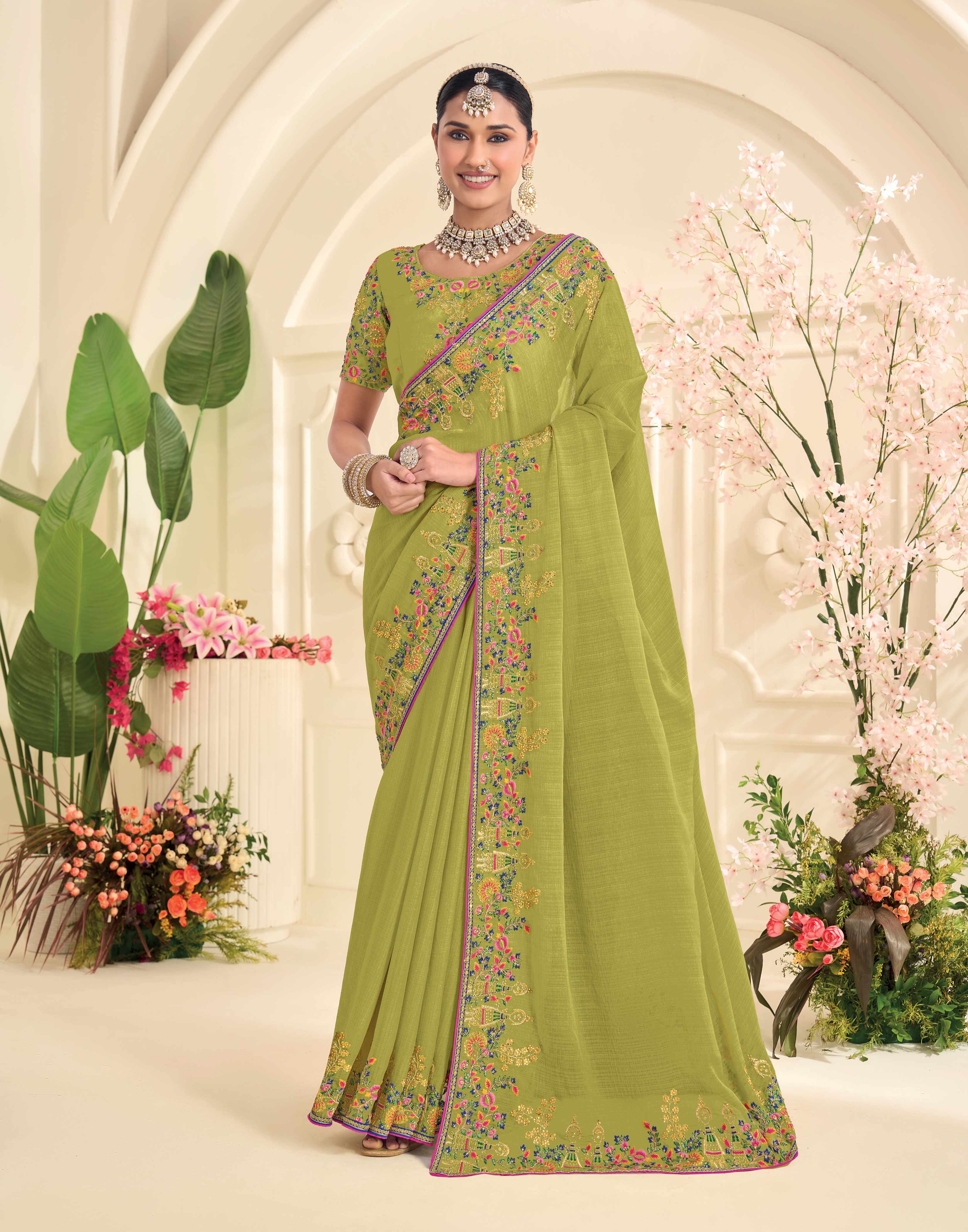Laxmipati Popcorn Floral Embroidered Chiffon Saree in Olive Green Color