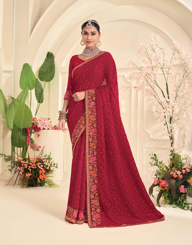 Laxmipati Popcorn Floral Embroidered Chiffon Saree in Red Color