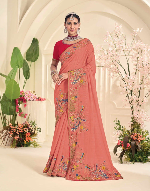 Laxmipati Popcorn Floral Embroidered Chiffon Saree in Peach Color