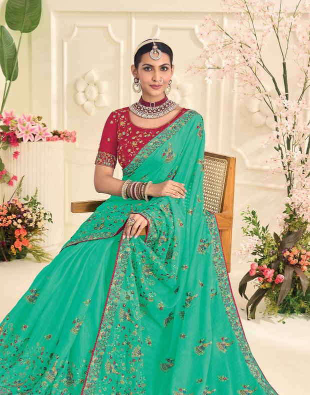 Laxmipati Popcorn Floral Embroidered Chiffon Saree in Teal Green Color