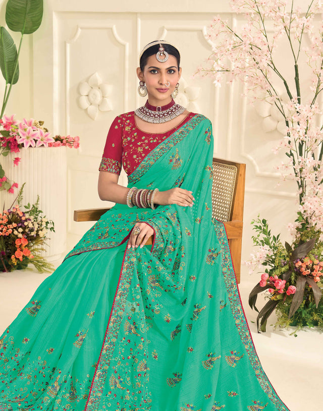 Laxmipati Popcorn Floral Embroidered Chiffon Saree in Teal Green Color