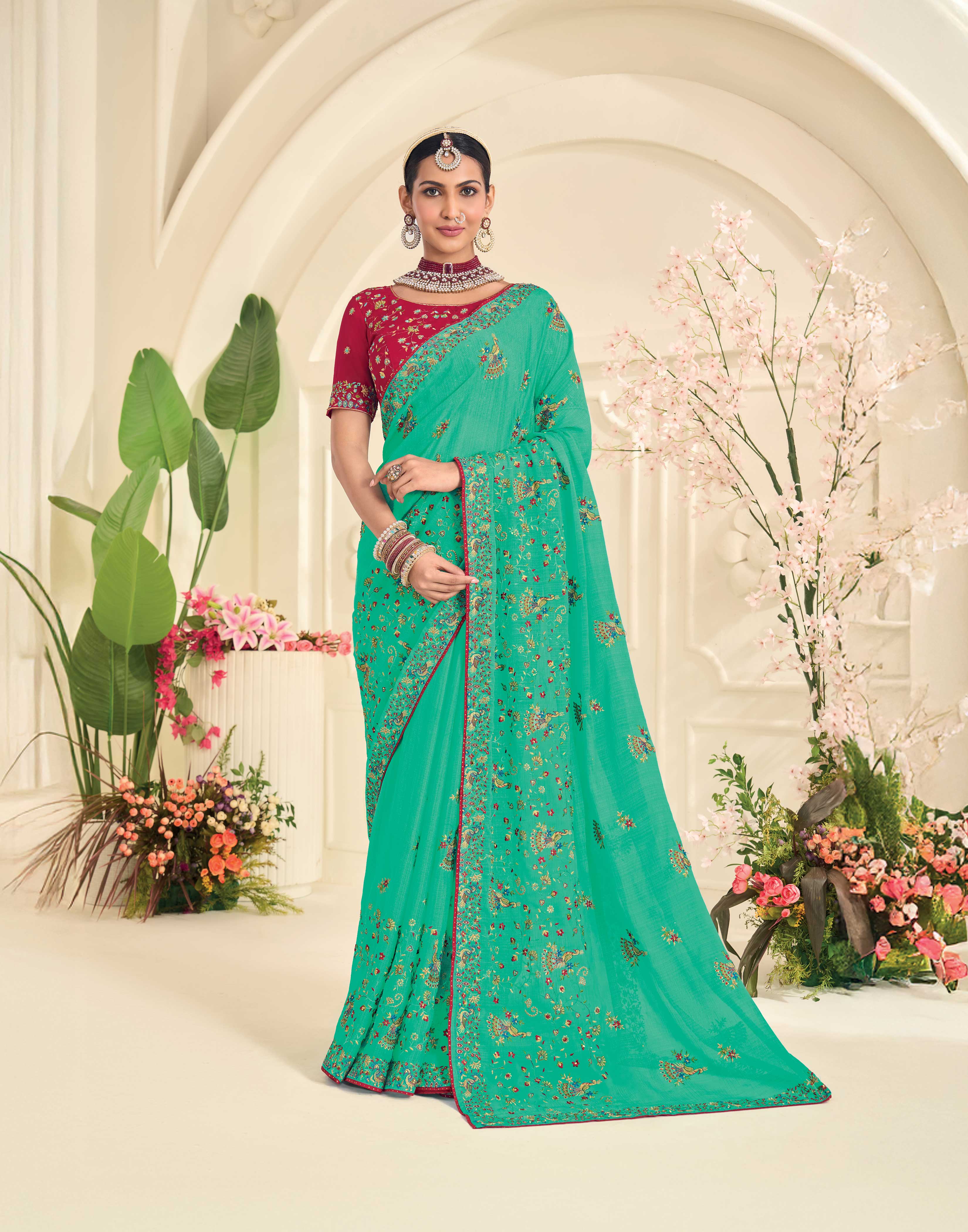 Laxmipati Popcorn Floral Embroidered Chiffon Saree in Teal Green Color