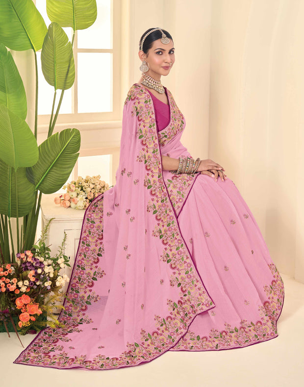 Laxmipati Popcorn Floral Embroidered Chiffon Saree in Pink Color