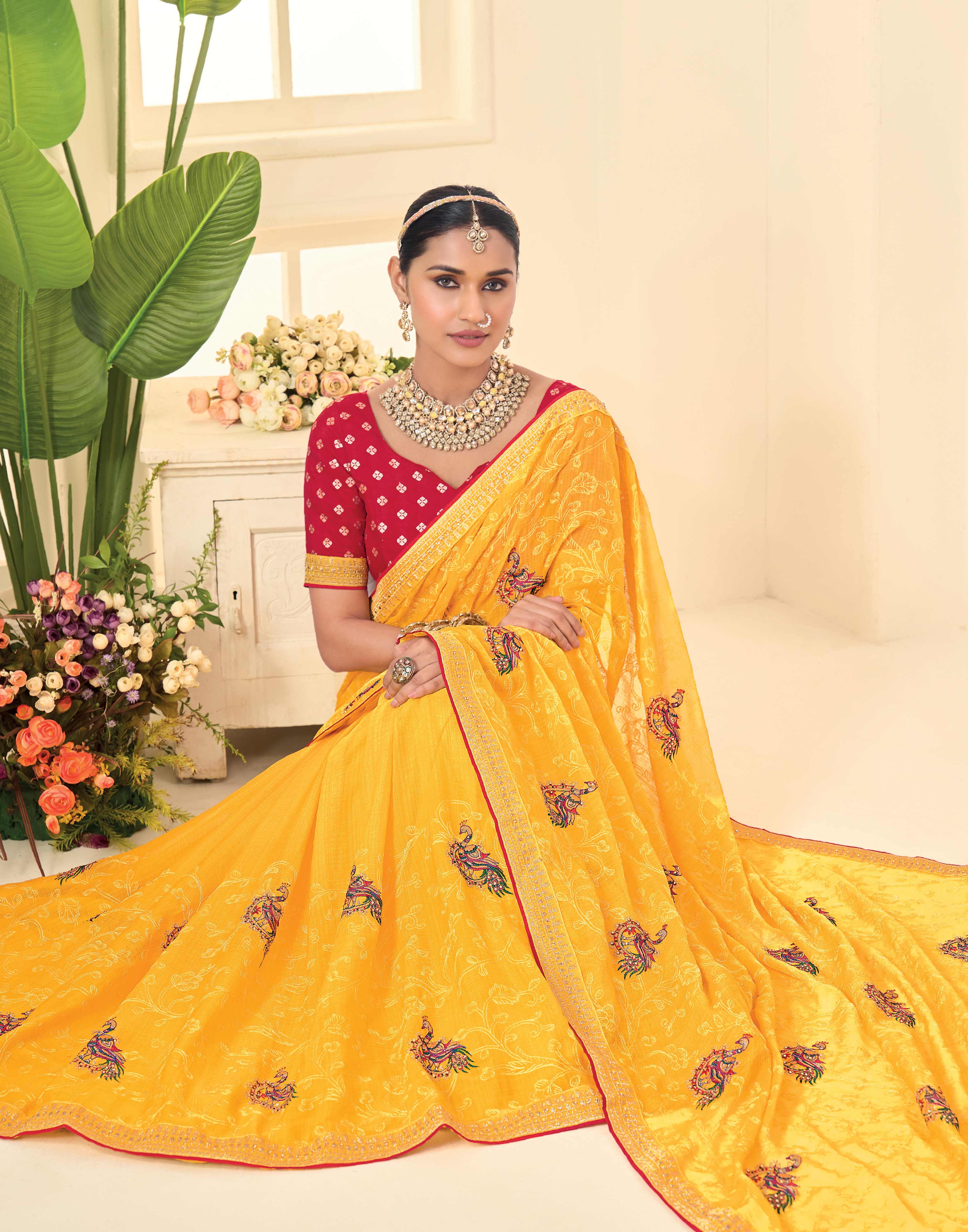 Laxmipati Popcorn Floral Embroidered Chiffon Saree in Yellow Color