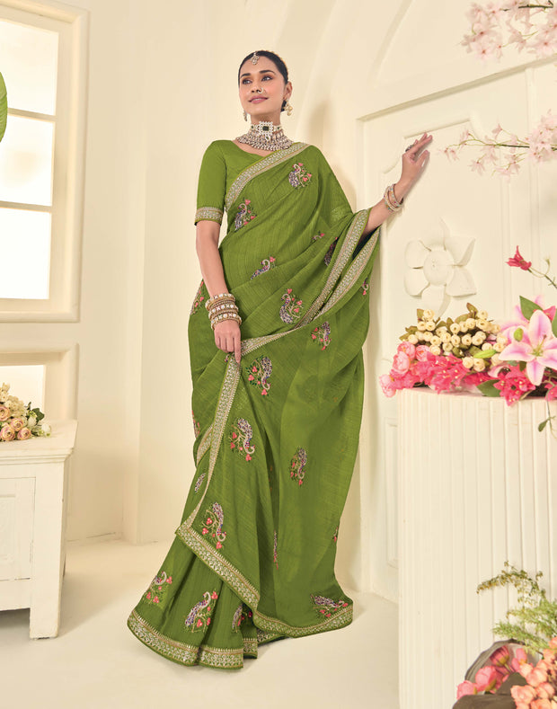 Laxmipati Popcorn Floral Embroidered Chiffon Saree in Green Color