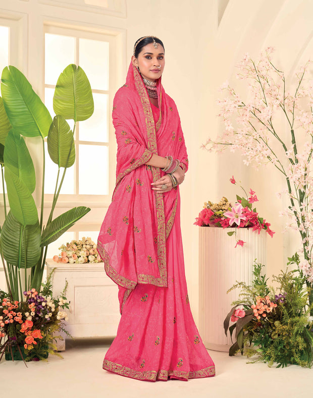 Laxmipati Popcorn Floral Embroidered Chiffon Saree in Pink Color