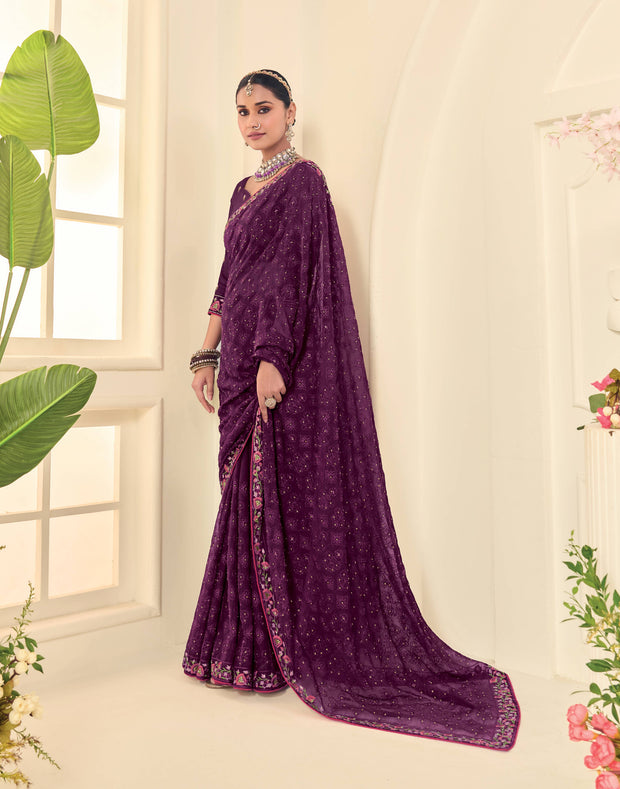 Laxmipati Popcorn Floral Embroidered Chiffon Saree in Wine Color