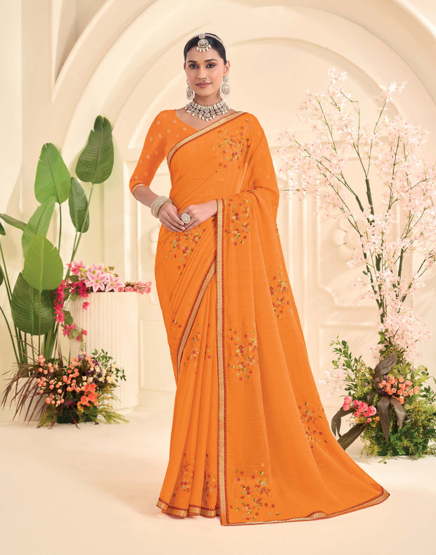Laxmipati Popcorn Floral Embroidered Chiffon Saree in Orange Color