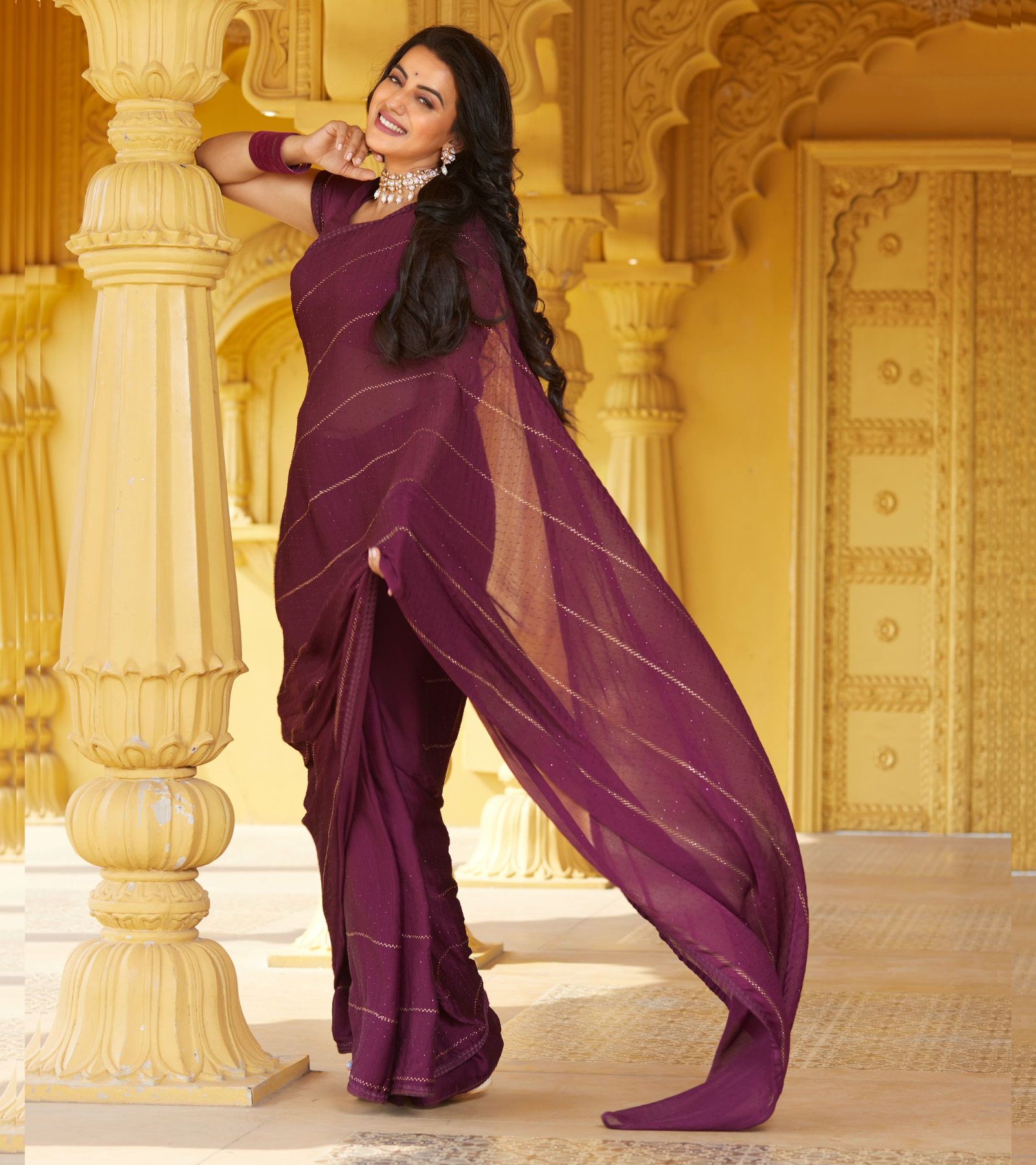 Laxmipati Chiffon Wine Saree - Akshara Singh