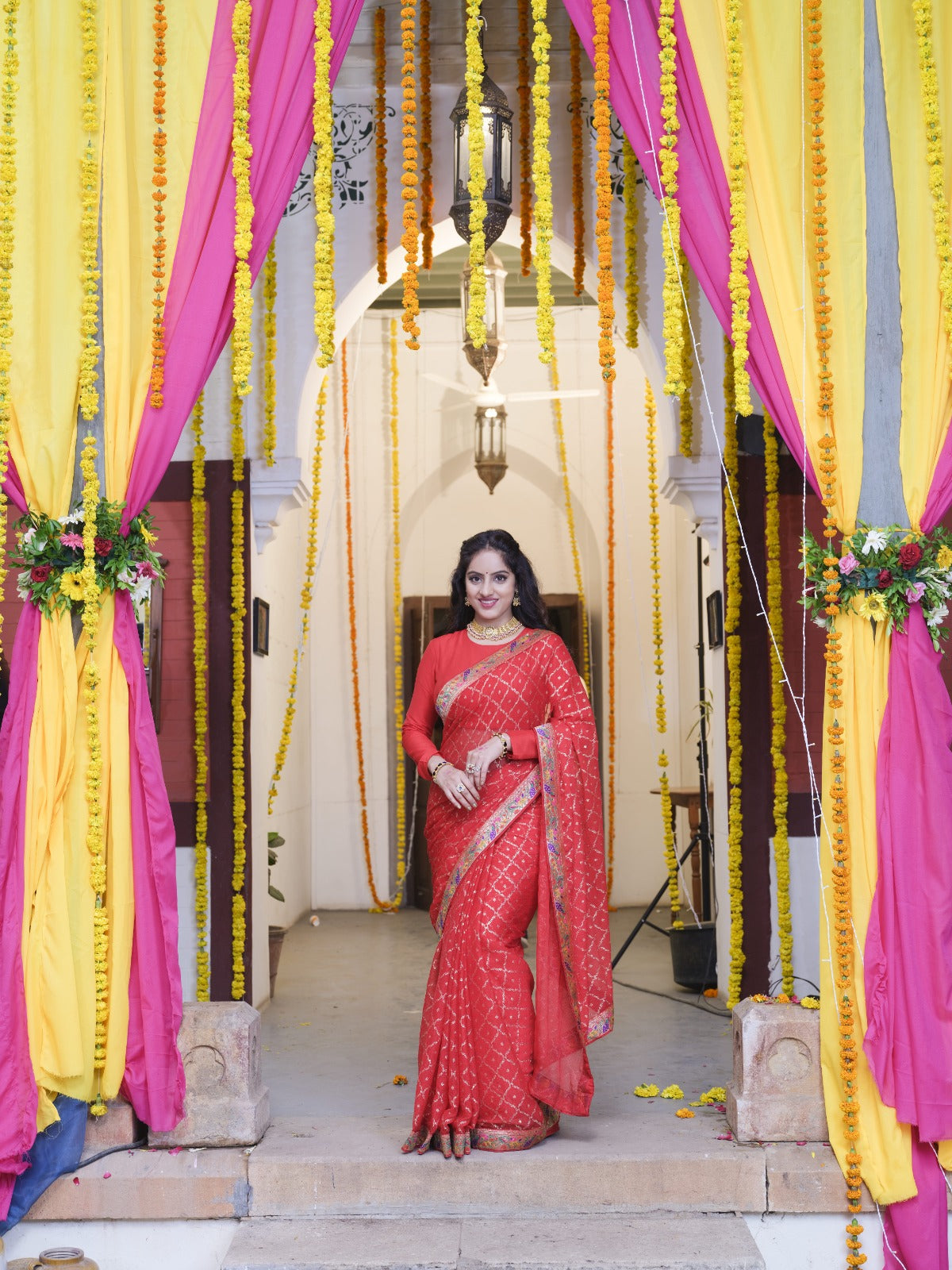 Deepika Singh in Chiffon Signature Red Saree by Laxmipati