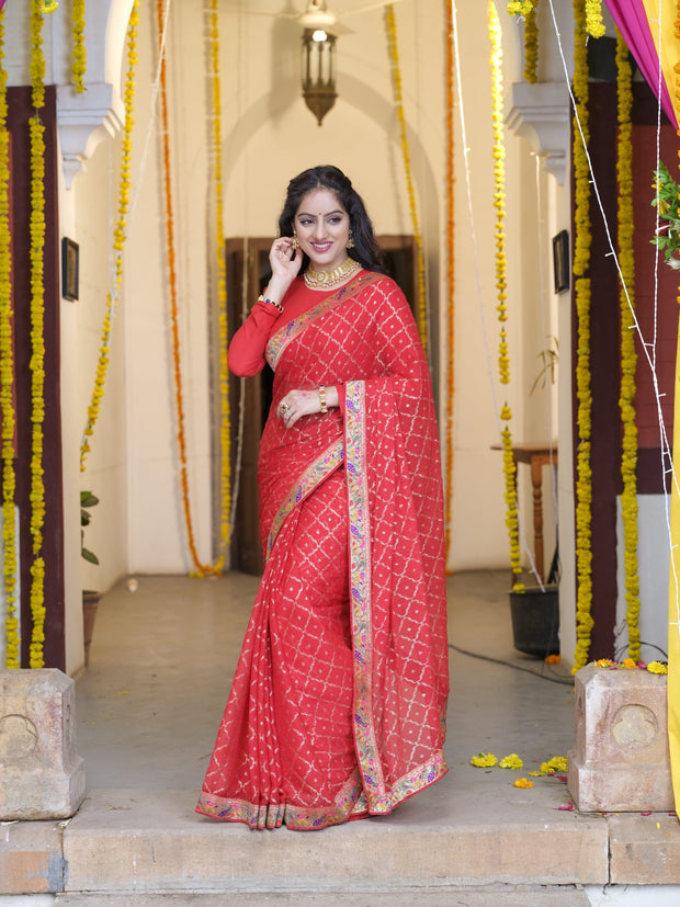 Deepika Singh in Chiffon Signature Red Saree by Laxmipati