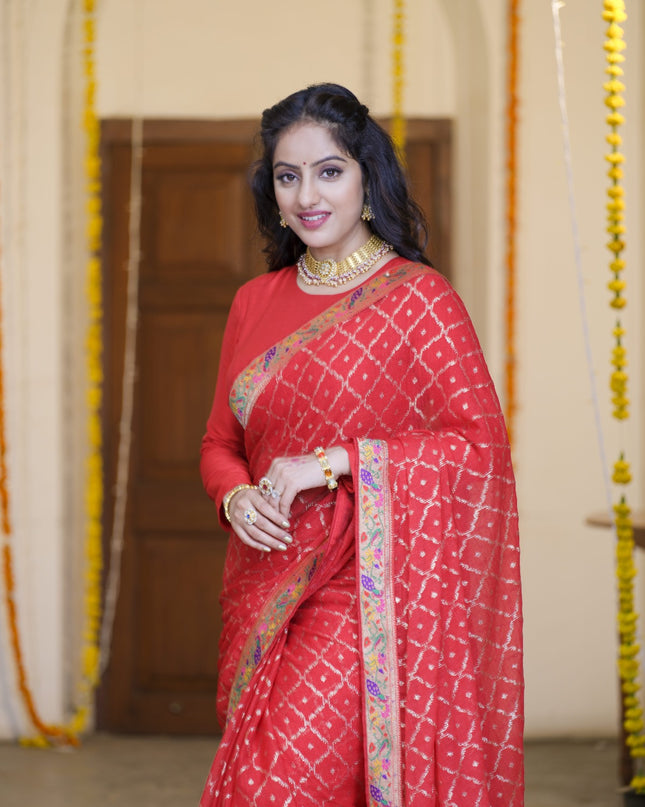 Deepika Singh in Chiffon Signature Red Saree by Laxmipati