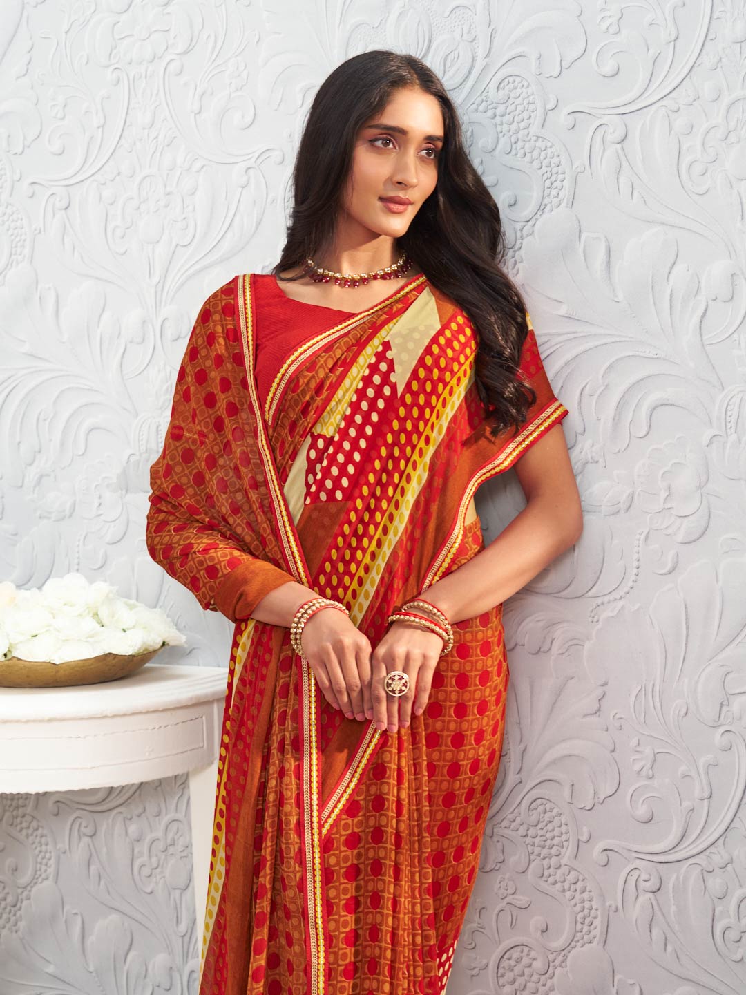 Brown floral printed georgette saree wedding wear