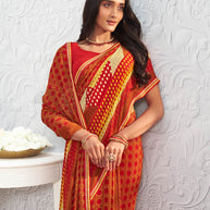 Brown floral printed georgette saree wedding wear