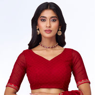 Red abstract printed georgette saree festive wear