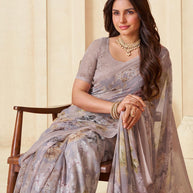 Brown floral georgette saree elegant look