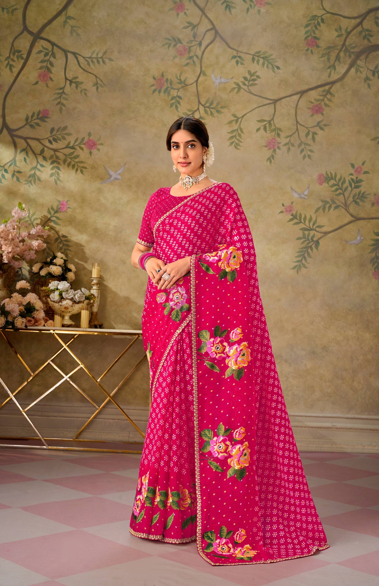 Pink embroidered chiffon saree party wear