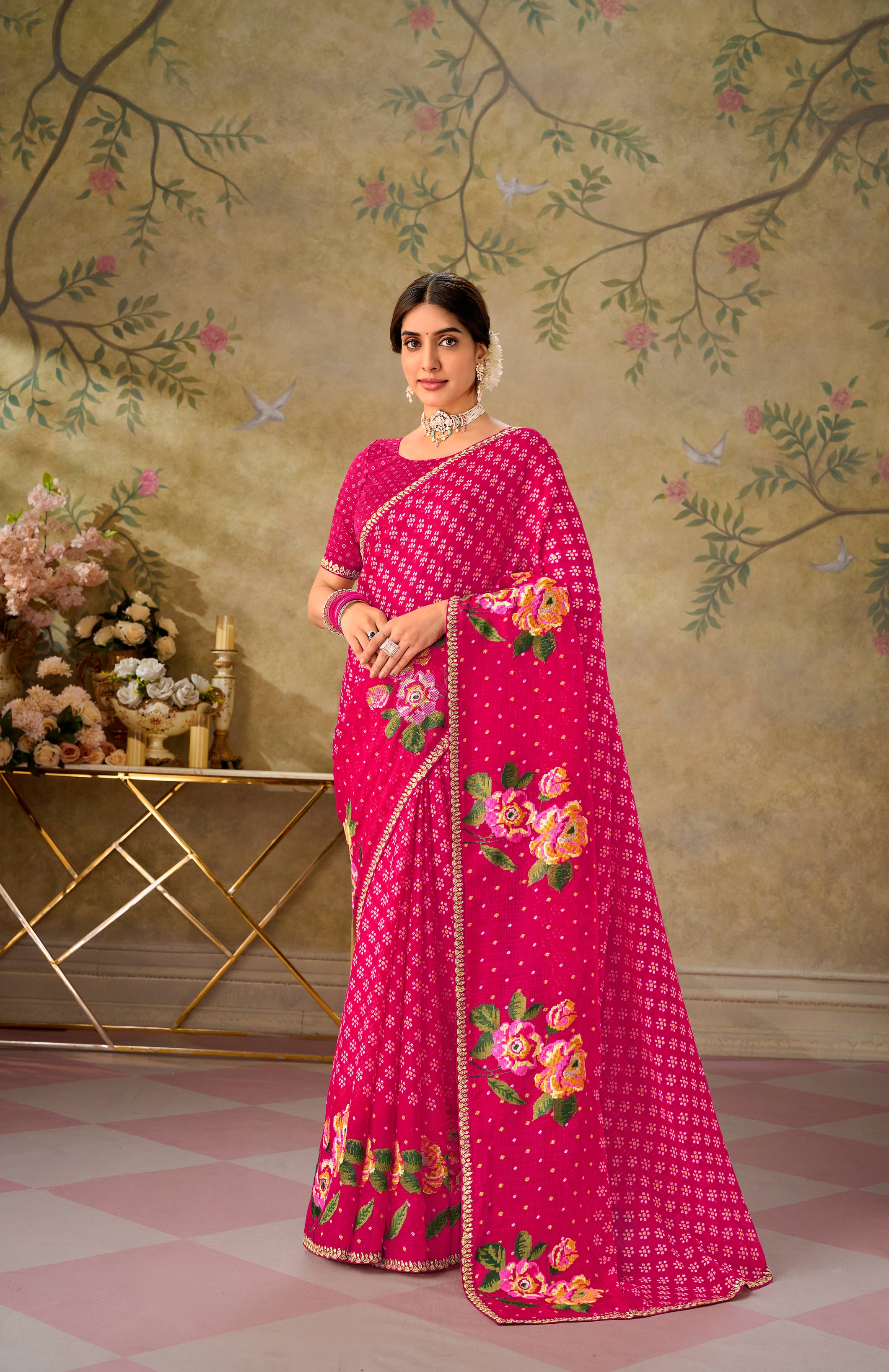 Pink embroidered chiffon saree party wear