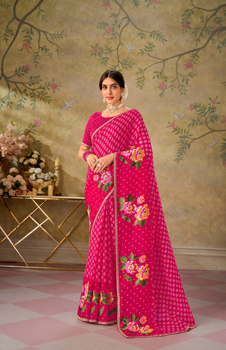 Pink embroidered chiffon saree party wear
