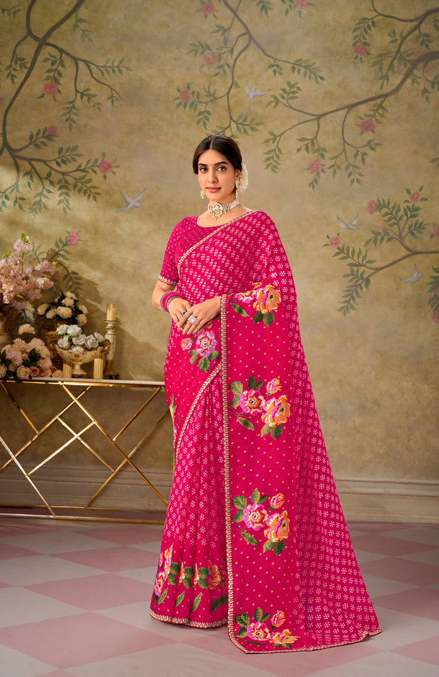 Pink embroidered chiffon saree party wear