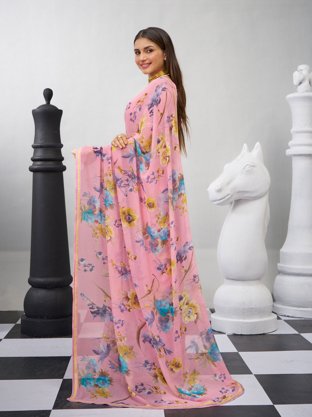 Pink printed saree daily wear