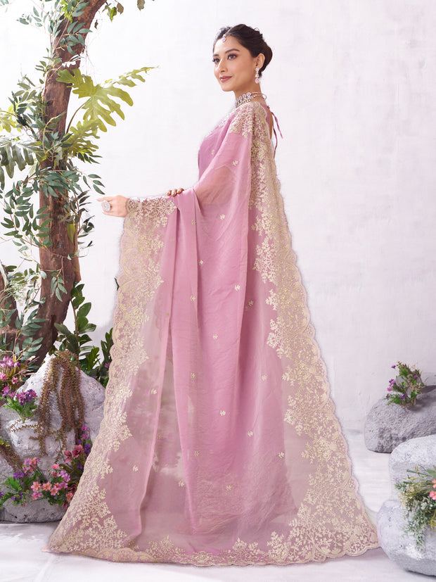 Pink embroidered saree lightweight chiffon