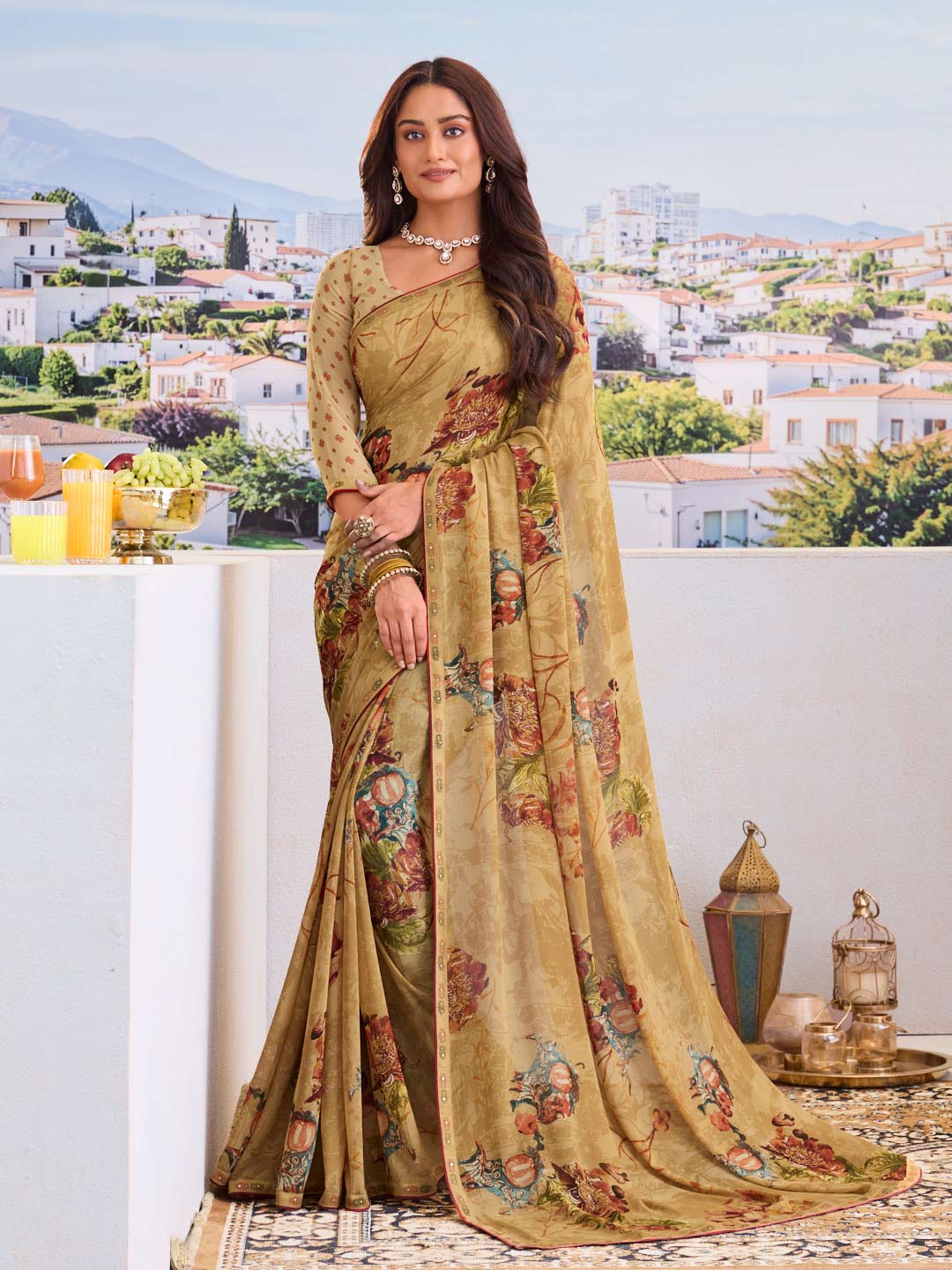 Brown floral georgette saree