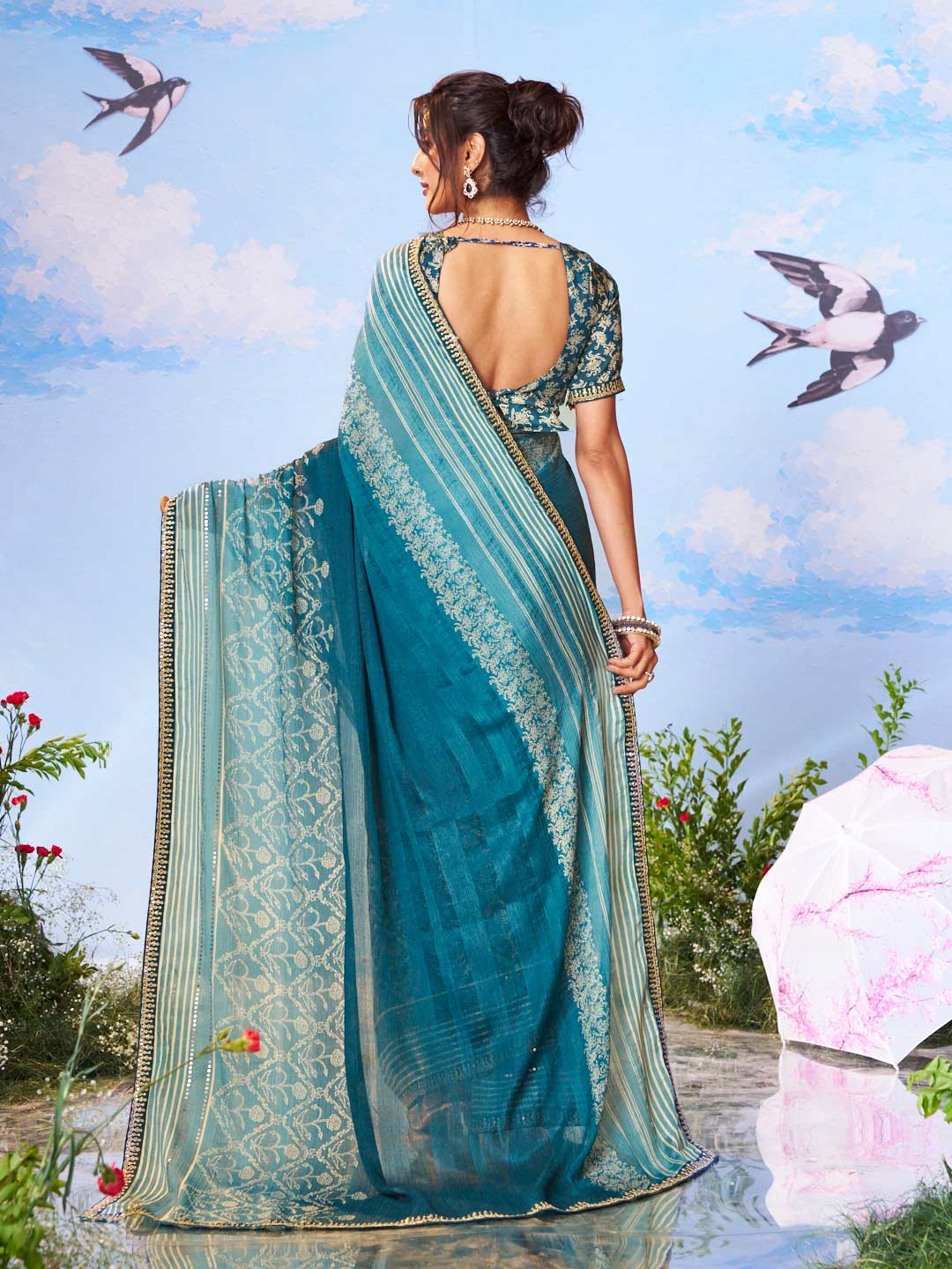 Blue geometric printed silk blend saree ethnic wear