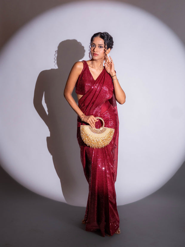 Maroon sequin embroidered georgette saree party wear
