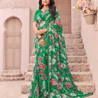 Green georgette floral print saree