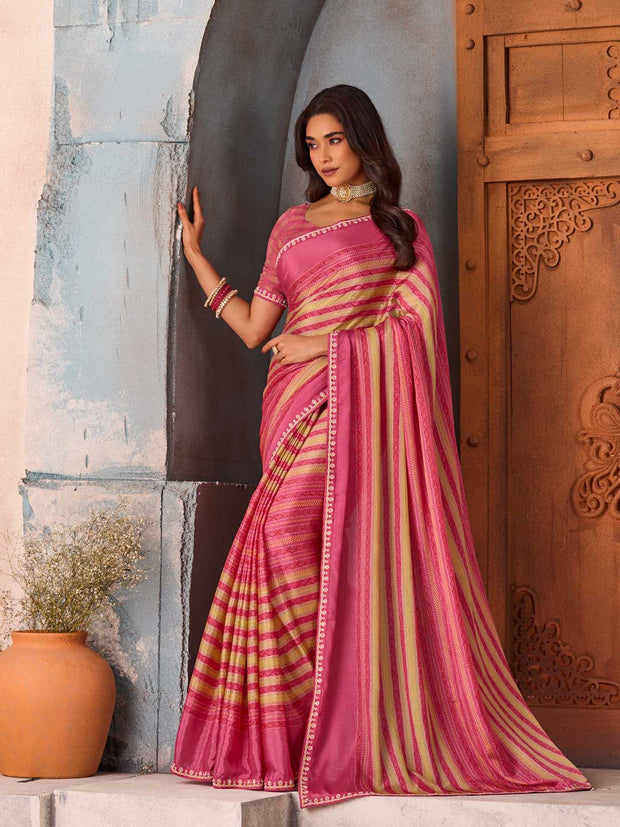 Pink striped silk blend saree party wear