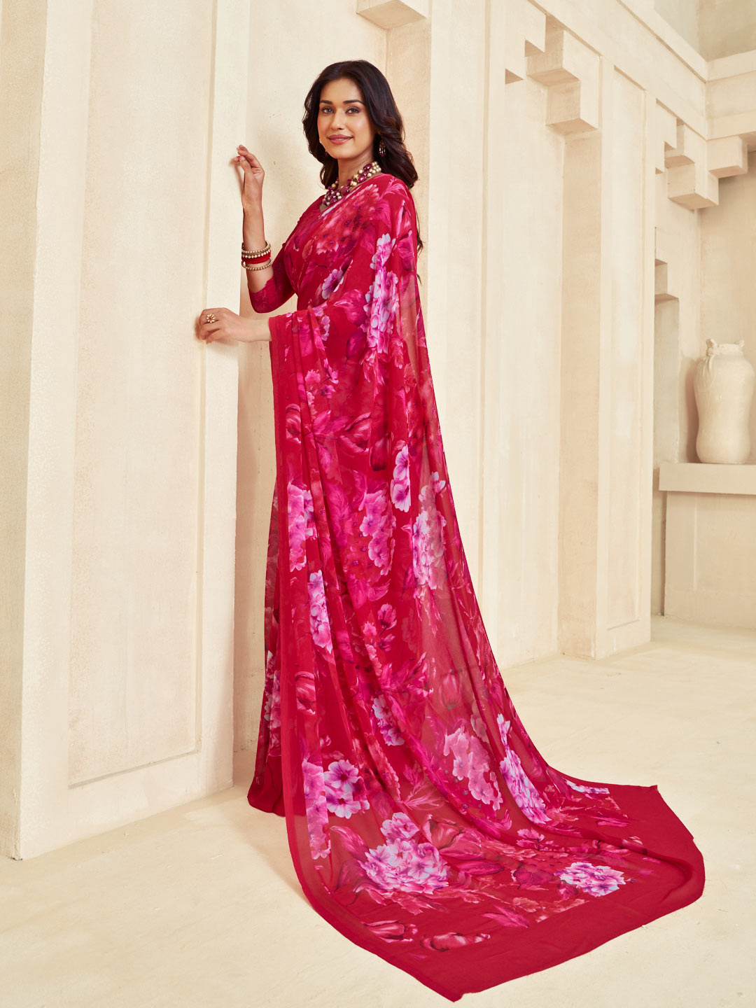 Pink floral saree lightweight wear